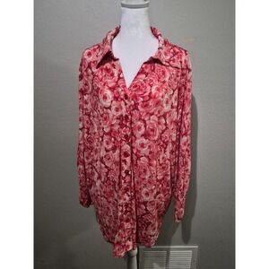 Susan Graver Women Button Down Shirt Floral Pink Boho 1X Ruched Sleeves Romantic
